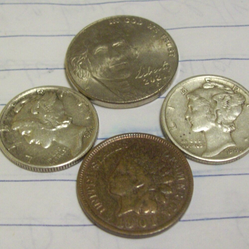 Mini Coin Collection: Two Silver Mercury Dimes, One Indian Head Penny, and More